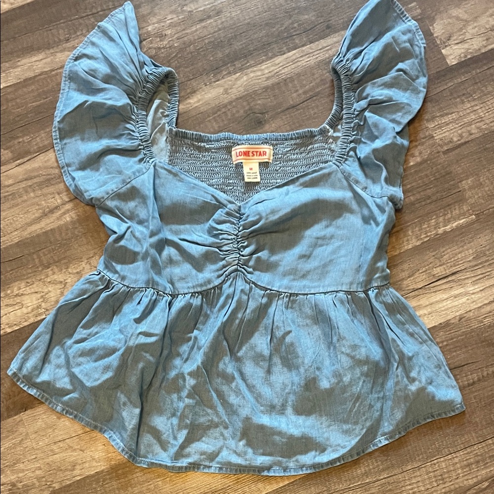 Lone Star Denim Top Smocked Flutter Sleeve Top M